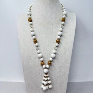 Vintage Chunky Beaded Tassel Necklace White‎ Gold-Tone Long Retro Kitchy